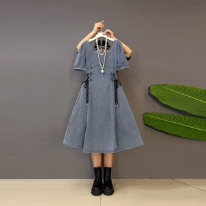 
Plus-size sister's square-neck side-tie short-sleeved dress plus size women's summer European slim denim skirt