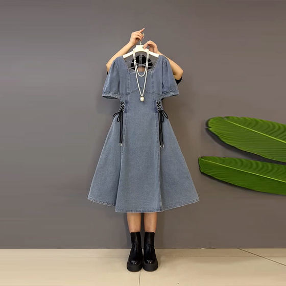 
Plus-size sister's square-neck side-tie short-sleeved dress plus size women's summer European slim denim skirt