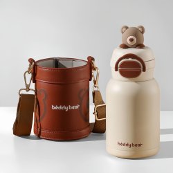 Cute Brown Bear Double Drinking Cup Thermos Cup for Girls, High Aesthetic Value, Adorable Student Portable School Water Cup with Straw