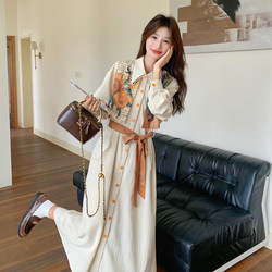 New Chinese Style, Very Pretty Early Spring Floral Dress, Seaside Dingtai Dress, Shirt-Style Long Dress, Particularly Beautiful Cinched Waist Dress