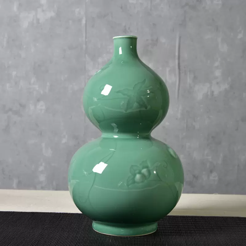 涵青堂缠枝牡丹凤尾瓶大号手工中式陶瓷花瓶摆件龙泉青瓷艺术摆件