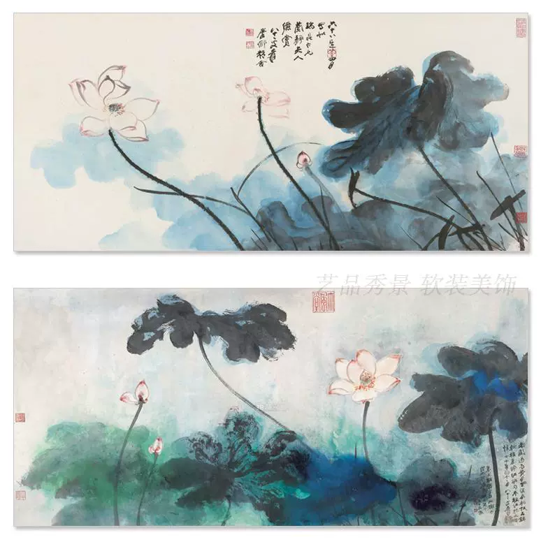 新中式现代张大千国画横款水彩水墨荷叶荷花装饰画画芯