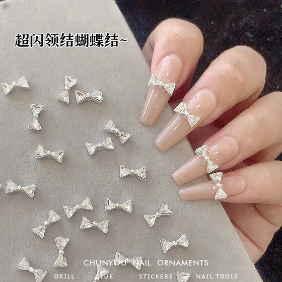
Internet celebrity hot bow tie love bow nail diamond simple versatile bright silver super flash nail accessories accessories