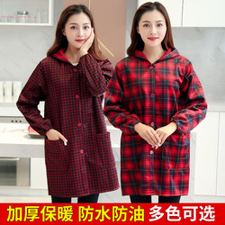 Fleece-Lined Smock for Adults, Women's New Style Work Clothes, Suitable for Wearing Outside, Kitchen Use, Waterproof, Oil-Proof, Thickened Long-Sleeved Apron for Winter