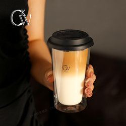 Ckw Double-Layer Glass Cup with Lid, Coffee Cup for Women, High Appearance Value, High Temperature Resistant, Insulated Water Cup, Household Juice and Tea Cup