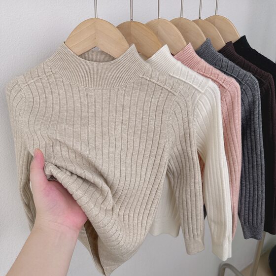 
Boys' Half Turtle Collar Bottoming Shirt 2025 Autumn and Winter New Thin Knitted Sweater Girls' Solid Color Wool Blended Knitted Sweater