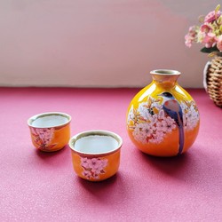 Imported From Japan, Kutani Yakiyama Sakura Bird Yellow Glaze Ceramic Sake Jug And Wine Glass Set, One Pot And Two Cups, Japanese Wine Set