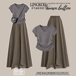 Plus-Size Korean-Style Slim-Fit Waist-Cinching Short T-Shirt for Women, Summer Outfit with High-Waisted, Drapey A-Line Wide-Leg Skirt Pants Two-Piece Set