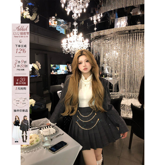 
Anne's Mars Night Notes Little Xiangfeng Suit Women's Slightly Fat Large Size Thin Skirt Houndstooth Suit Pleated Skirt Set