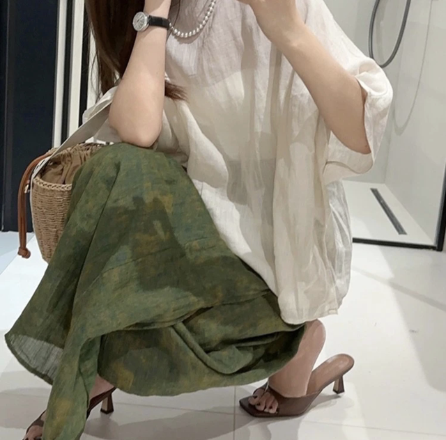 New literary retro niche design Crystal shirt Digital printing one -piece lace -up skirt skirt set