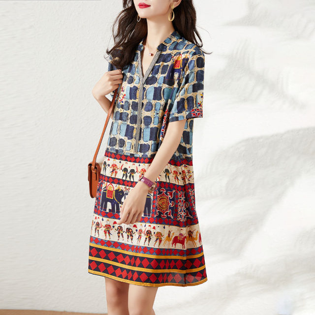 Fat sister ethnic style printed skirt 2025 summer new small V-neck loose short-sleeved dress trendy women