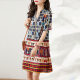 Fat sister ethnic style printed skirt 2025 summer new small V-neck loose short-sleeved dress trendy women