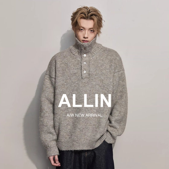 
ALLIN turtleneck half-cardigan button sweater for men in spring and autumn thickened knitted loose trendy brand bottoming shirt jacket for couples