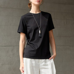 [Han Furenjia] Cylinder T-Shirt Seamless Knit Pure Cotton Top for Commuting, Regular Shoulder Women's Summer Top, Simple Short-Sleeve