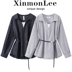 Xinmonlee Chic Age-Reducing Commuter College Style Fake Two-Piece Collared Shirt Early Autumn Striped Waist-Cinching Shirt
