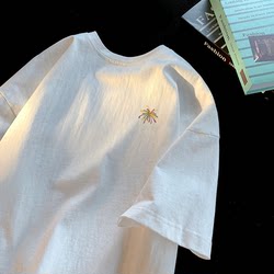 Embroidered Heavy 100% Cotton Short-Sleeve T-Shirt for Men, Trendy Brand ins Loose Fit Couple Hong Kong Style Fireworks Embroidery Summer Top