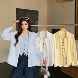 Casual Korean Style Plus-Size Design Long-Sleeve Shirt for Women, Spring Shirt for Slightly Chubby Women, Loose and Slimming Fake Two-Piece Top