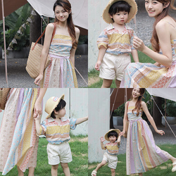 Ethnic Style Parent-child Dress Mother And Daughter Skirt 2023 Summer Style Family Three Or Four Beach Vacation Father And Son Shirt Suit Whole Family