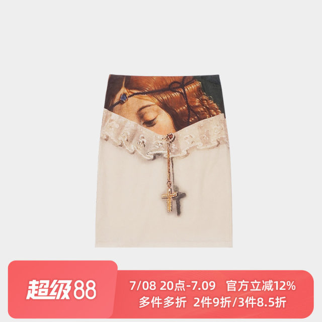 Superr original design retro print mid-high waist skirt for women spring and autumn short niche high-end
