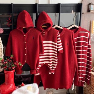 
Family of three and four in autumn and winter red sweaters, hooded baby crawling clothes knitted children's clothing tops trend