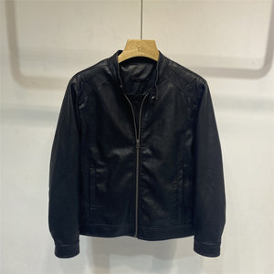 
Black stand-up collar motorcycle style leather jacket men's slim short zipper jacket trendy lapel plus velvet thickened top handsome