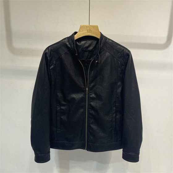 
Black stand-up collar motorcycle style leather jacket men's slim short zipper jacket trendy lapel plus velvet thickened top handsome