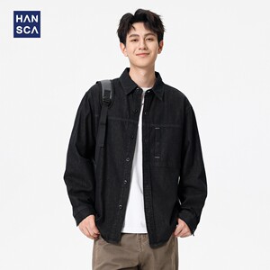 
hansca black denim shirt men's trendy brand 2025 autumn American workwear retro long-sleeved shirt loose jacket