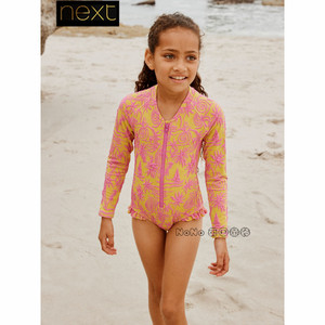 
British Next big girl's pink and yellow jacquard one-piece swimsuit long-sleeved sun protection swimming trunks set SPF50+H93-558