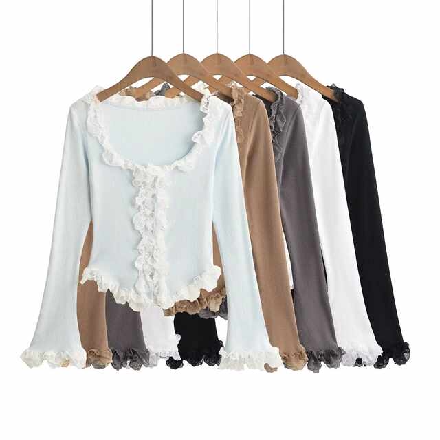 Xiaoru European and American grinding lace long-sleeved top sweet and fresh blue thin velvet slim and versatile base shirt