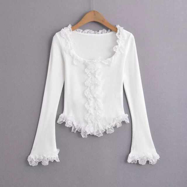 Xiaoru European and American grinding lace long-sleeved top sweet and fresh blue thin velvet slim and versatile base shirt