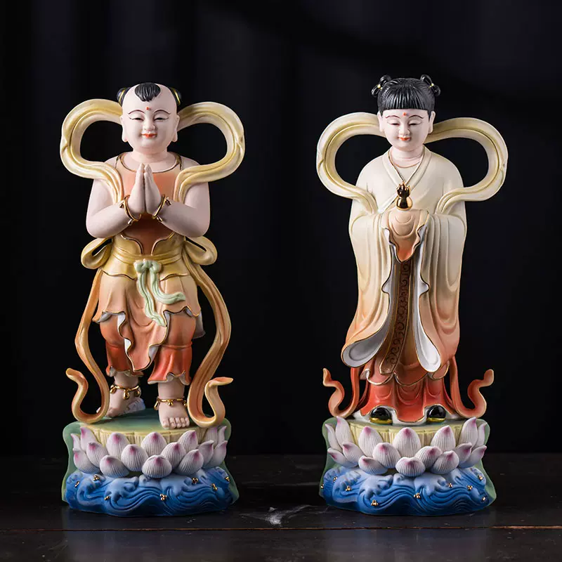 陶瓷金童玉女神像善财童子龙女观音菩萨佛像对童前侍家用客厅摆件-Taobao
