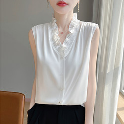 French-Style Elegant Acetate Satin Women's Ruffled Collar Shirt, Sleeveless Versatile Shirt, Vest, Inner Layer with Stand Collar