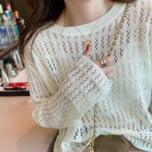 
2025 spring and summer Korean sweet age-reducing hollow sweater for women ~ trendy thin loose and slim solid color blouse top