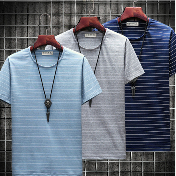
Summer striped men's short-sleeved T-shirt men's casual round neck pure cotton T-shirt loose trendy half-sleeved tops men's Korean version