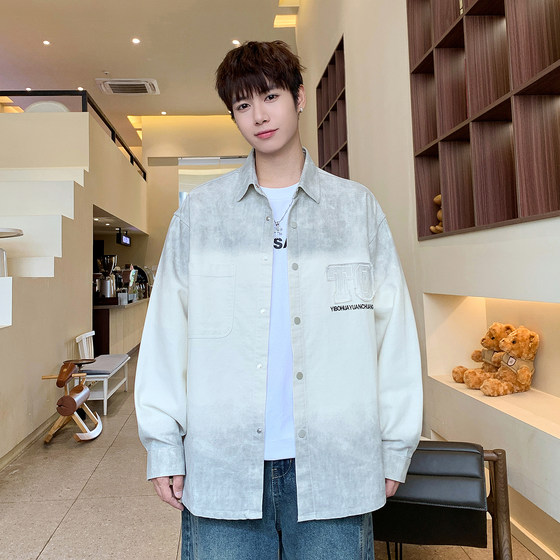 
Teenage male students light-colored denim shirt casual trendy handsome top men's handsome lapel gradient shirt