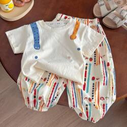 Pure Cotton Summer New Cartoon Style Boys and Girls Toddler Cute Short-Sleeve T-Shirt and Anti-Mosquito Long Pants Two-Piece Set