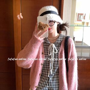 
fufufun strawberry cheese retro day miscellaneous atmosphere girly pink flower button fantasy yarn sweater cardigan