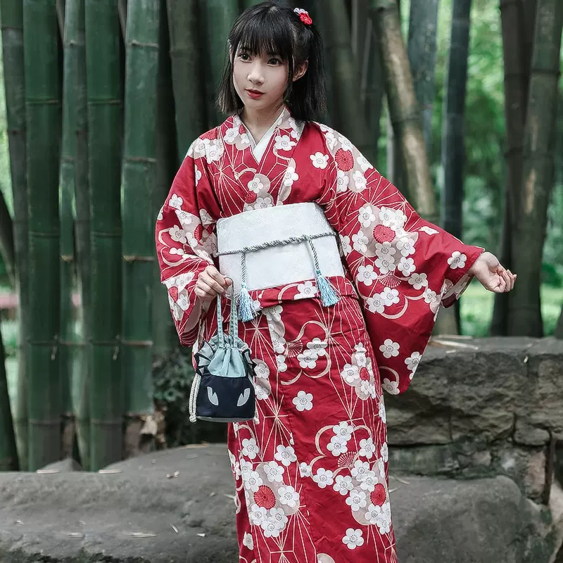 紅色和服日本和服浴衣女改良版便穿花火大會正裝大櫻花和服套裝- Taobao