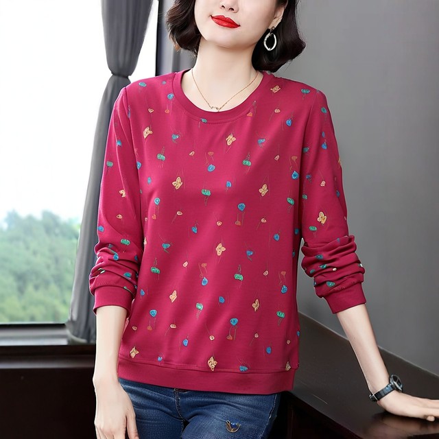 Middle-aged and elderly mothers' autumn long-sleeved 2025 new loose cotton women's tops thin floral printed T-shirts