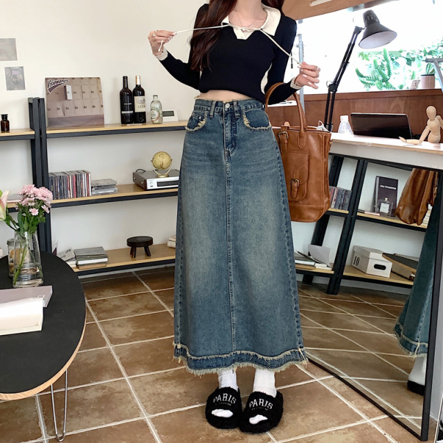Spring women's clothing Korean version new style hair fashion breasted and slim retro mid-length high-waist denim skirt