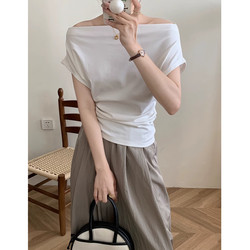 Gd Duck Off-Shoulder T-Shirt for Women, Short-Sleeved, Summer New Design, Niche Style, Slim Fit, Ruched Top