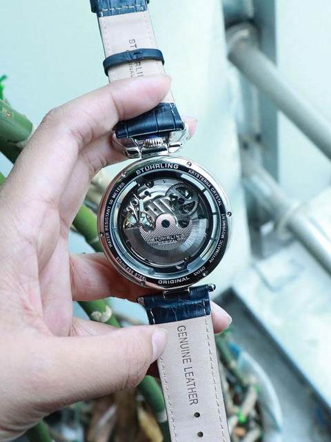 Overseas Stelling Stuhrling fully automatic hollow mechanical watch Men's business blue back transparent watch 3919
