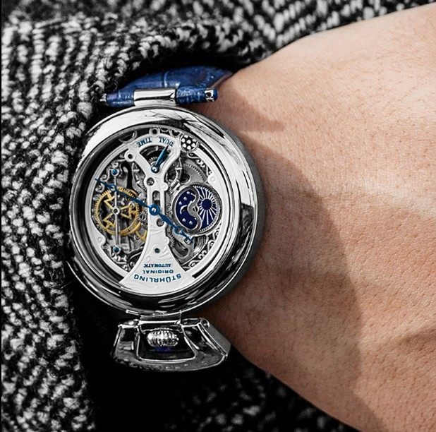 Overseas Stelling Stuhrling fully automatic hollow mechanical watch Men's business blue back transparent watch 3919
