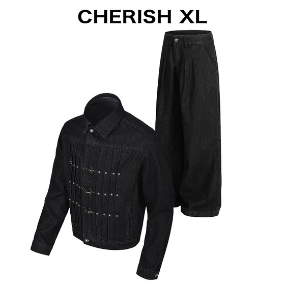
CRXL [denim suit] heavy pleated aircraft buckle/short black raw cow jacket jacket men's pants