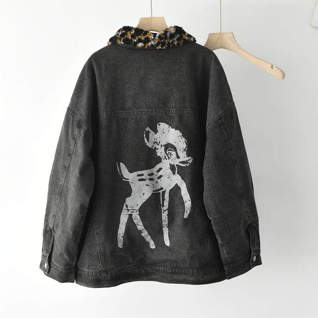 Retro leopard print thickened cotton denim jacket for women in Hong Kong style winter new printed trendy warm jacket for cotton jacket