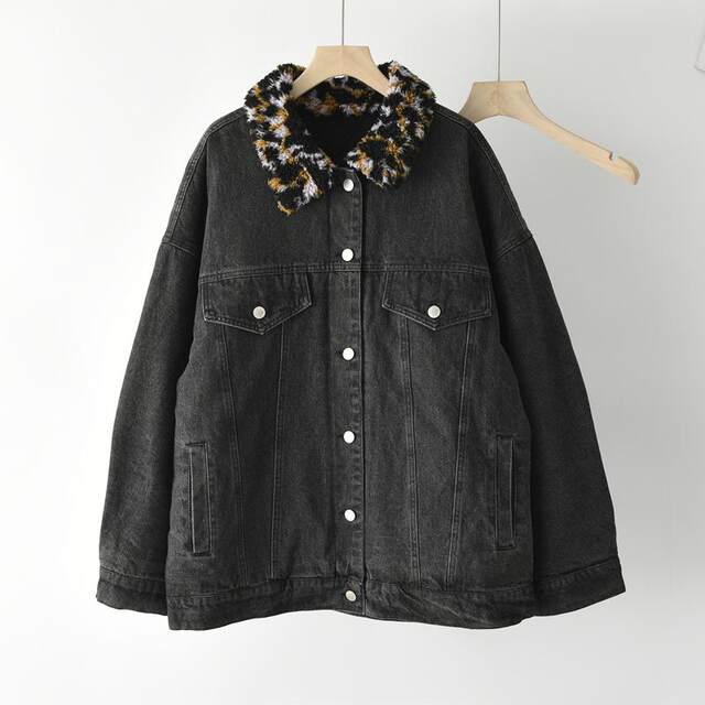 Retro leopard print thickened cotton denim jacket for women in Hong Kong style winter new printed trendy warm jacket for cotton jacket