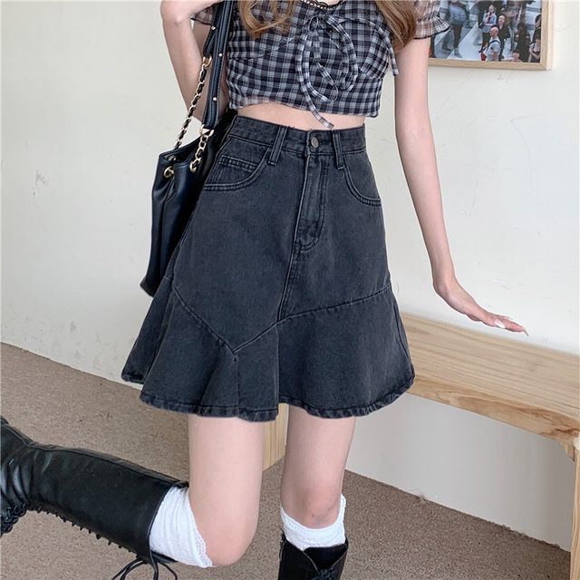 Ruffled skirt summer 2025 new large size fat girl pear-shaped body covering flesh to make her look slim denim a-line skirt