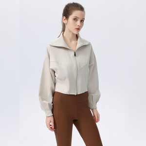 Autumn and winter fitness service high -necked all -zipper sports casual jacket short loose loose, thin, show high women's equipment training suit
