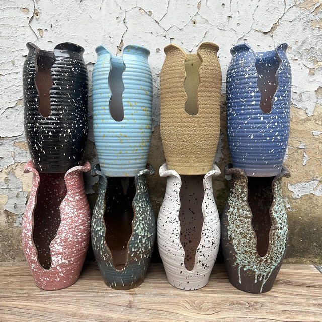 Succulent mage flower pots, coarse ceramic large diameter earthenware jar punched and stamped old pile cut vase clay pot high cylinder