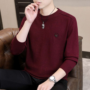 Wine red men's round neck sweater for autumn and winter 2022, simple and casual long sleeved knitted base sweater, paired with a woolen sweater